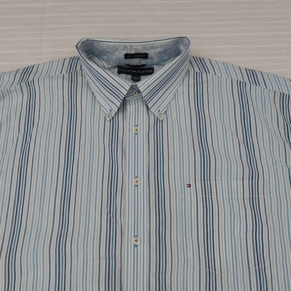 Tommy Hilfiger Light Blue Navy Striped Button-Down Dress Shirt Men XXL Shirt